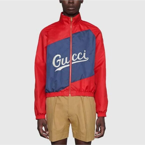 NWT Gucci Men Nylon Jacket Gucci Script Red Lightweight Canvas Nylon Blue - Picture 3 of 16